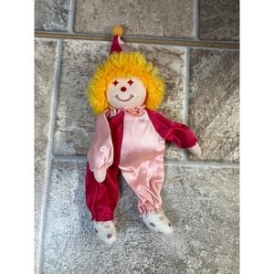 Russ Berrie Plush Clown Doll Yellow Hair Pink Red Satin Outfit Jester Toy